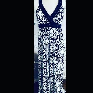 Inc International Womens Small Navy Blue & White Damask Maxi Dress Wood Beading